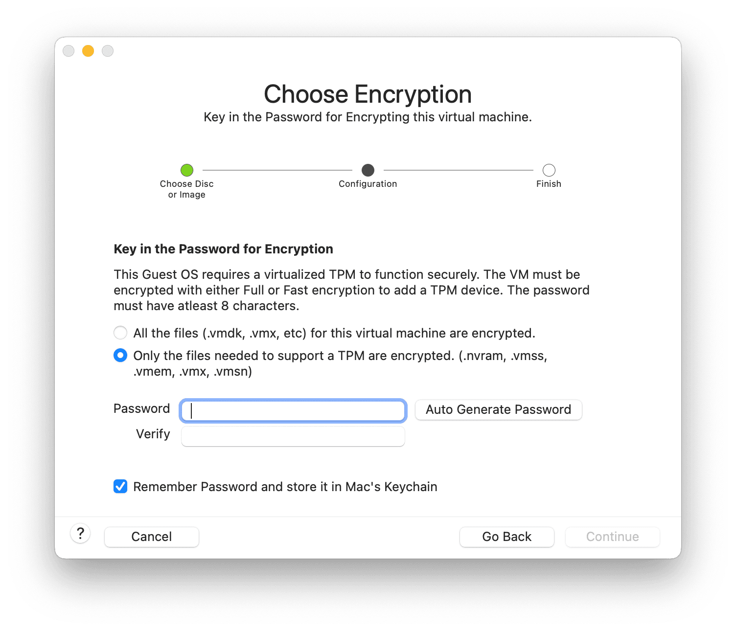 VMware Fusion 13 on macOS - Choose Encryption - TPM