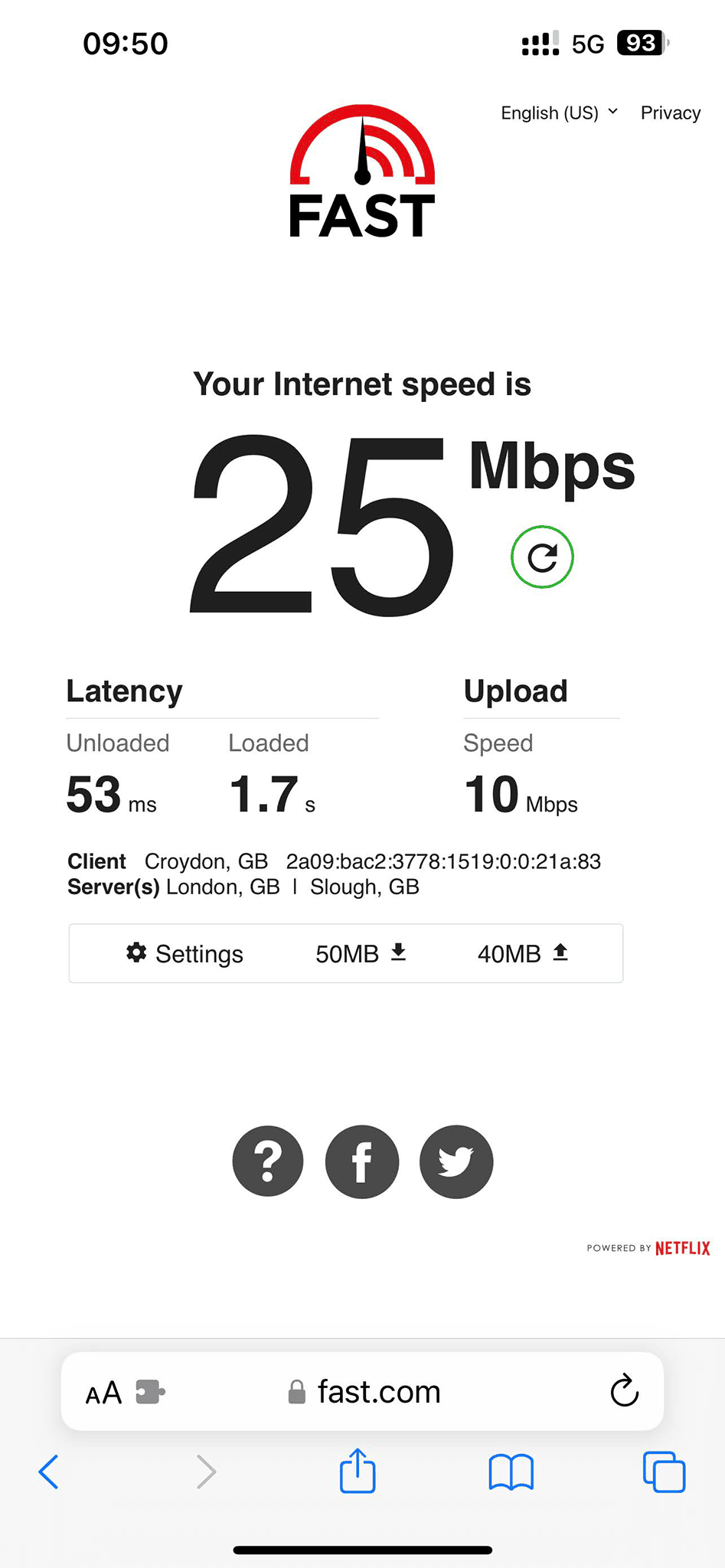 LycaMobile Speed Test 5G (at location 2)