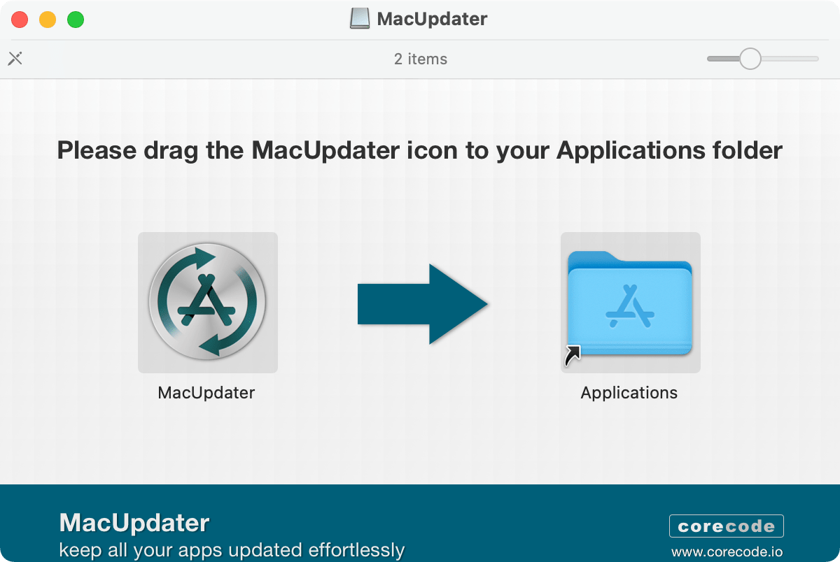 MacUpdater 2 - Drag to Applications folder