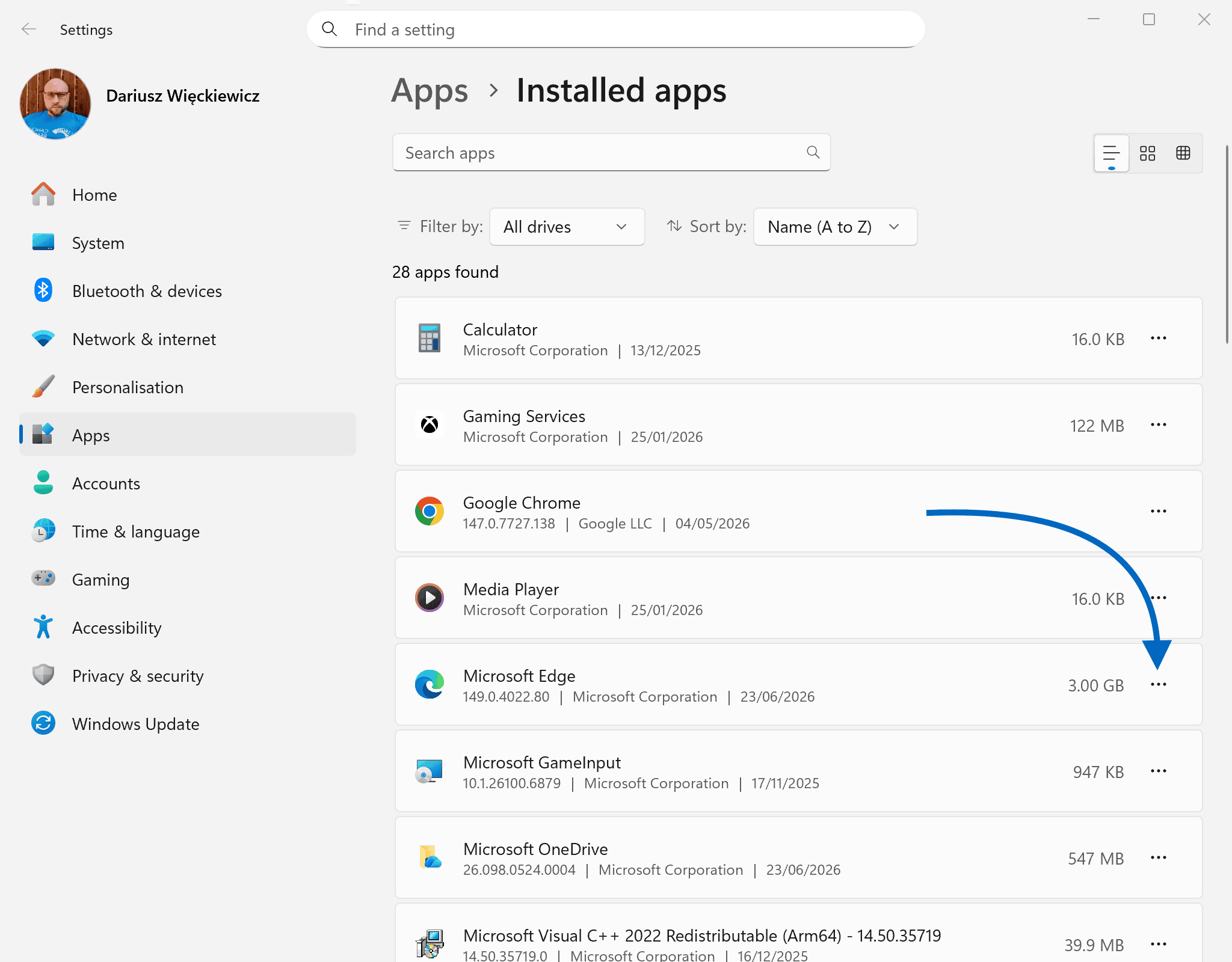 Windows 11 > Settings > Apps > Installed Apps