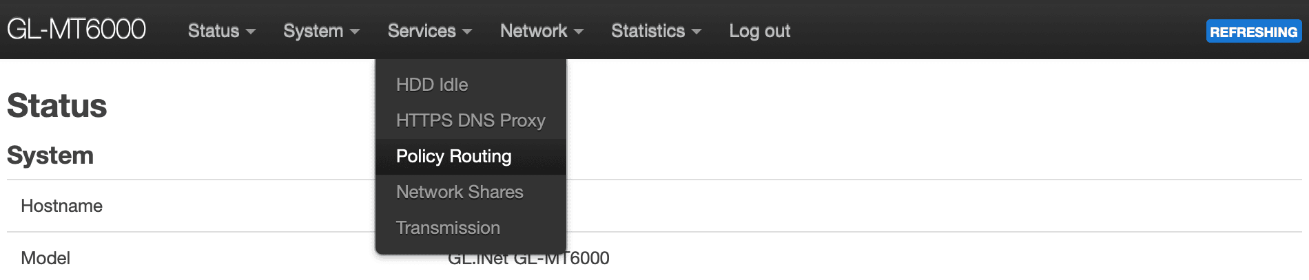 OpenWrt Services menu with new option Policy Routing