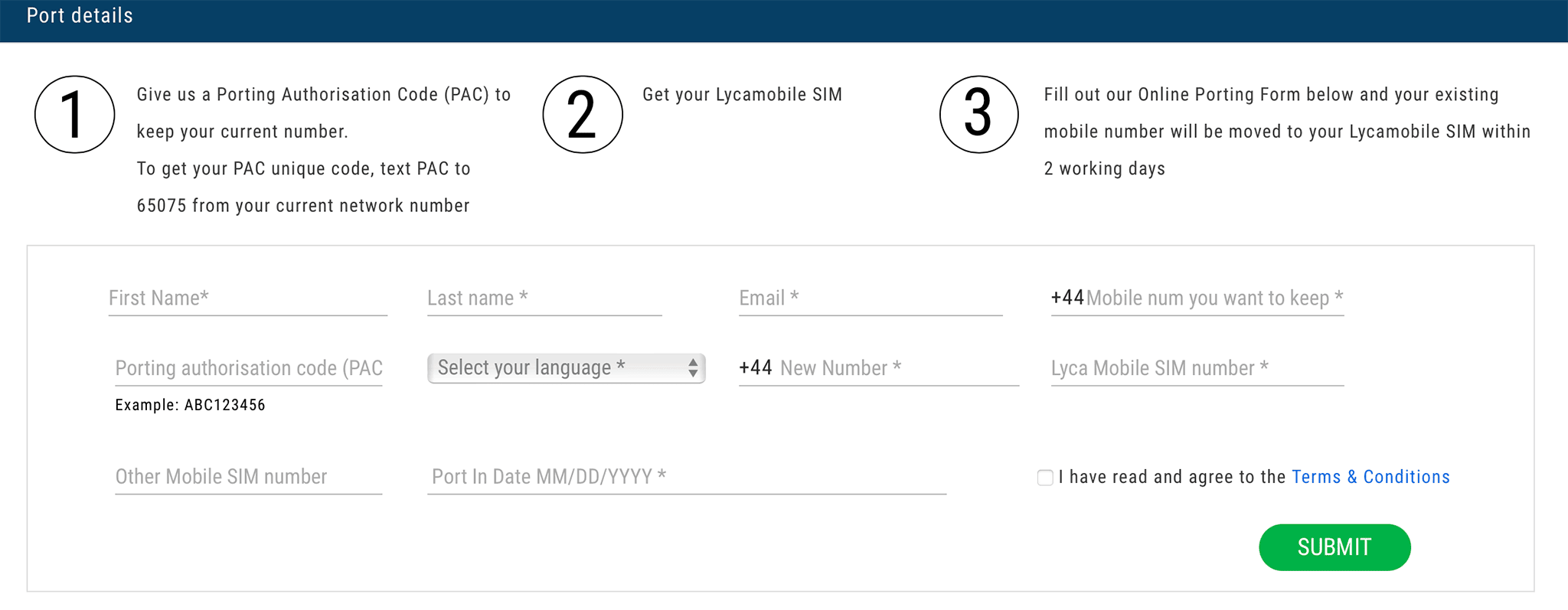LycaMobile porting form