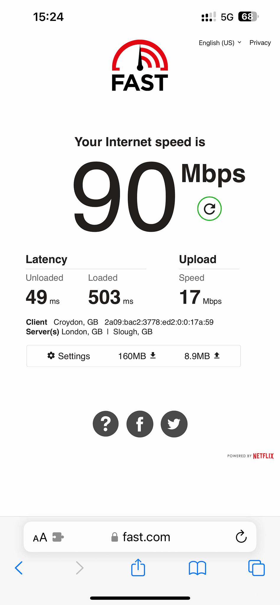 Test prędkości przeprowadzony przy użyciu fast.com dla GiffGaff w sieci O2