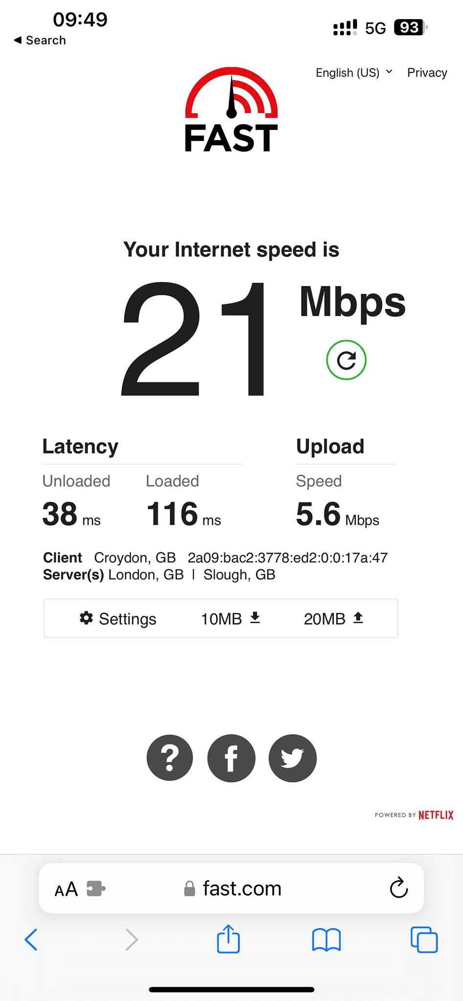Test prędkości GiffGaff 5G (w lokalizacji 2)