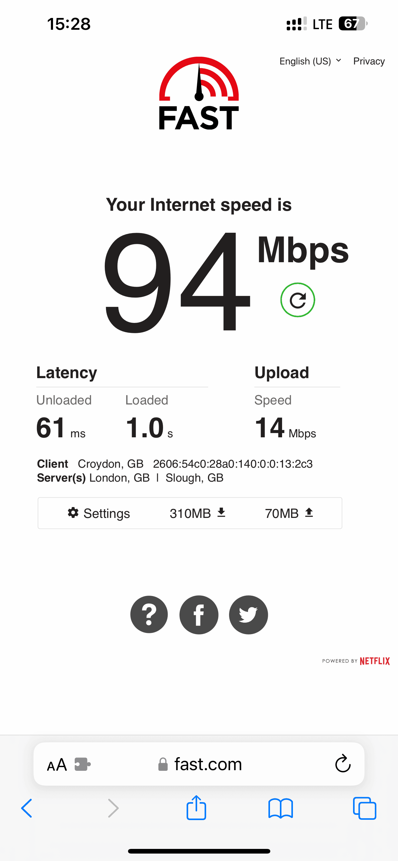 SpeedTest przeprowadzony przy użyciu fast.com dla LycaMobile w sieci EE