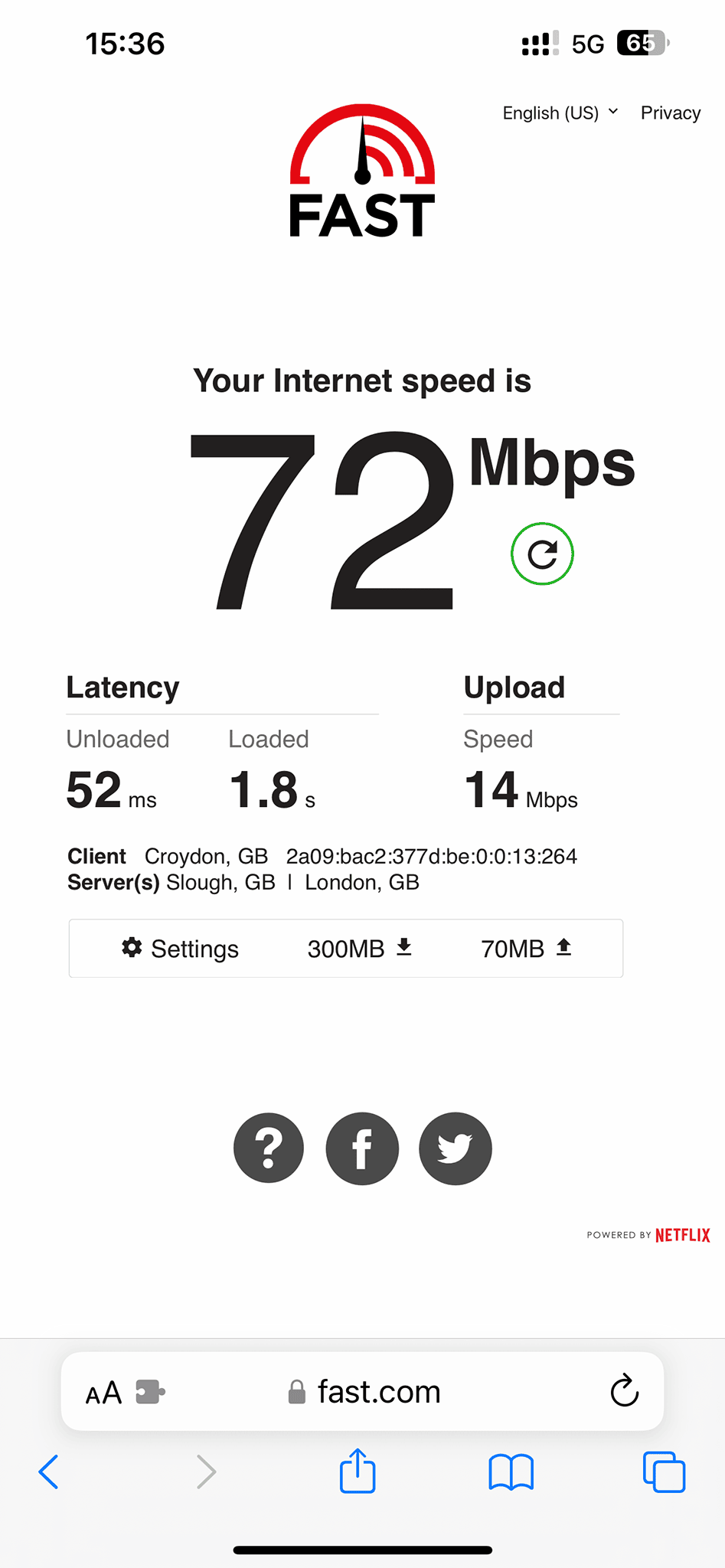 SpeedTest przeprowadzony przy użyciu fast.com dla LycaMobile w sieci EE i sygnału 5G