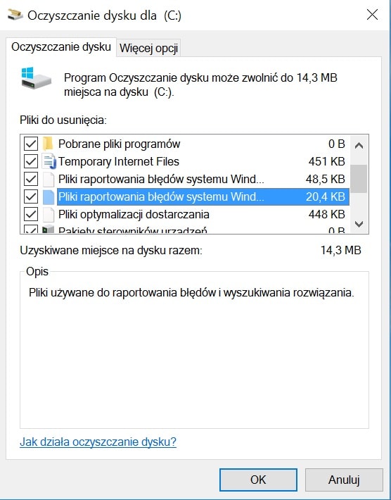 Oczyść pliki systemowe Oczyszczanie dysku Windows 10
