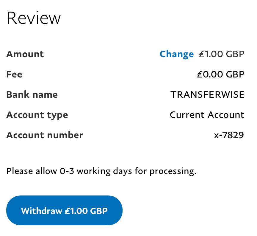 PayPal withdraw confirmation