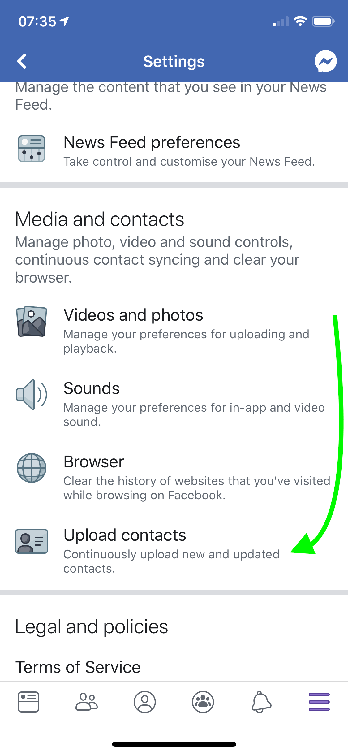 Facebook &gt; Settings &gt; Upload contacts