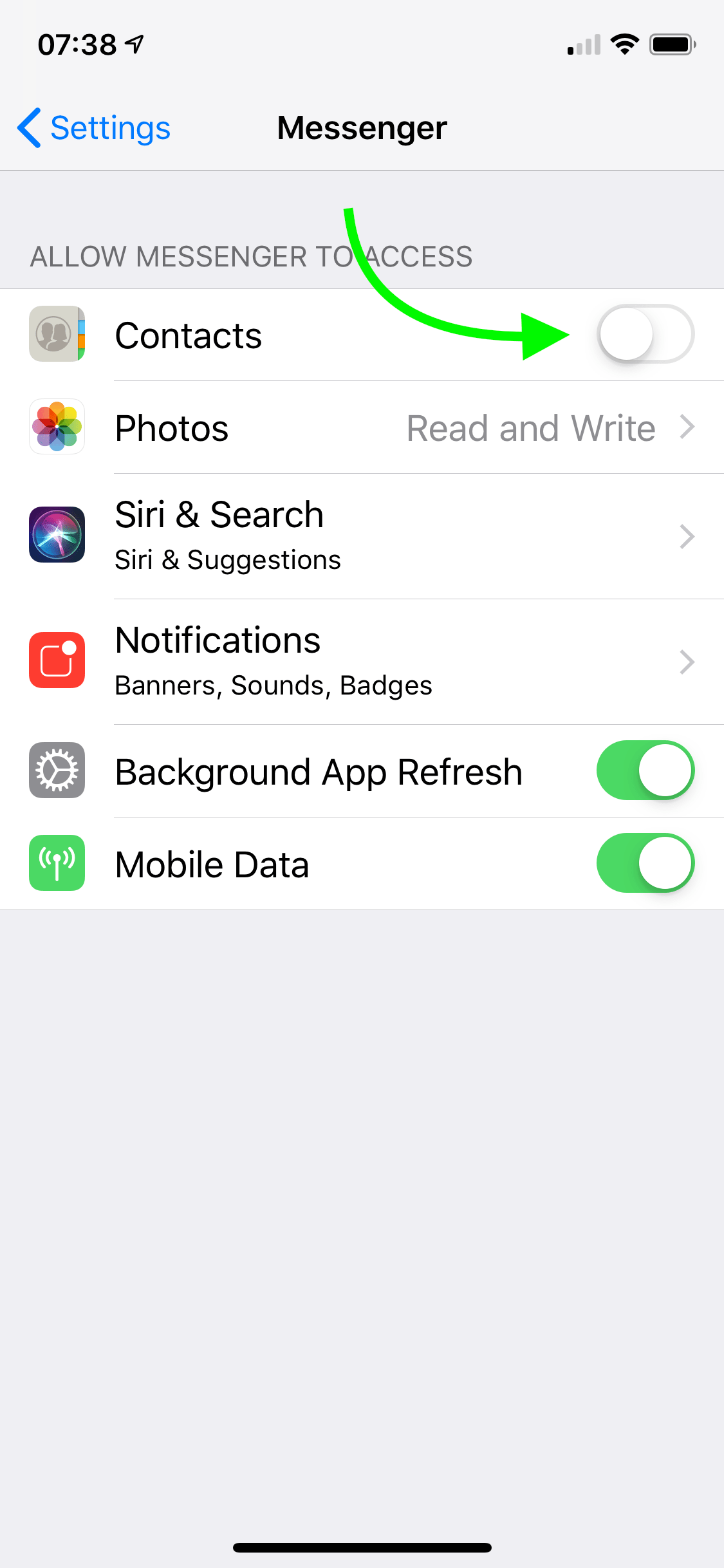 iPhone Settings &gt; Messagener &gt; Contact &gt; Off
