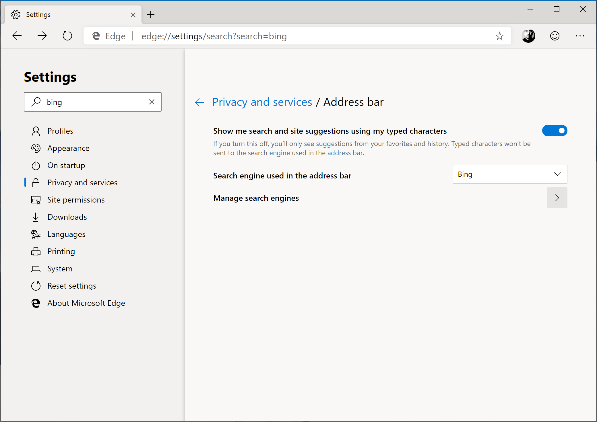 Microsoft Edge Chromium Settings Privacy Services