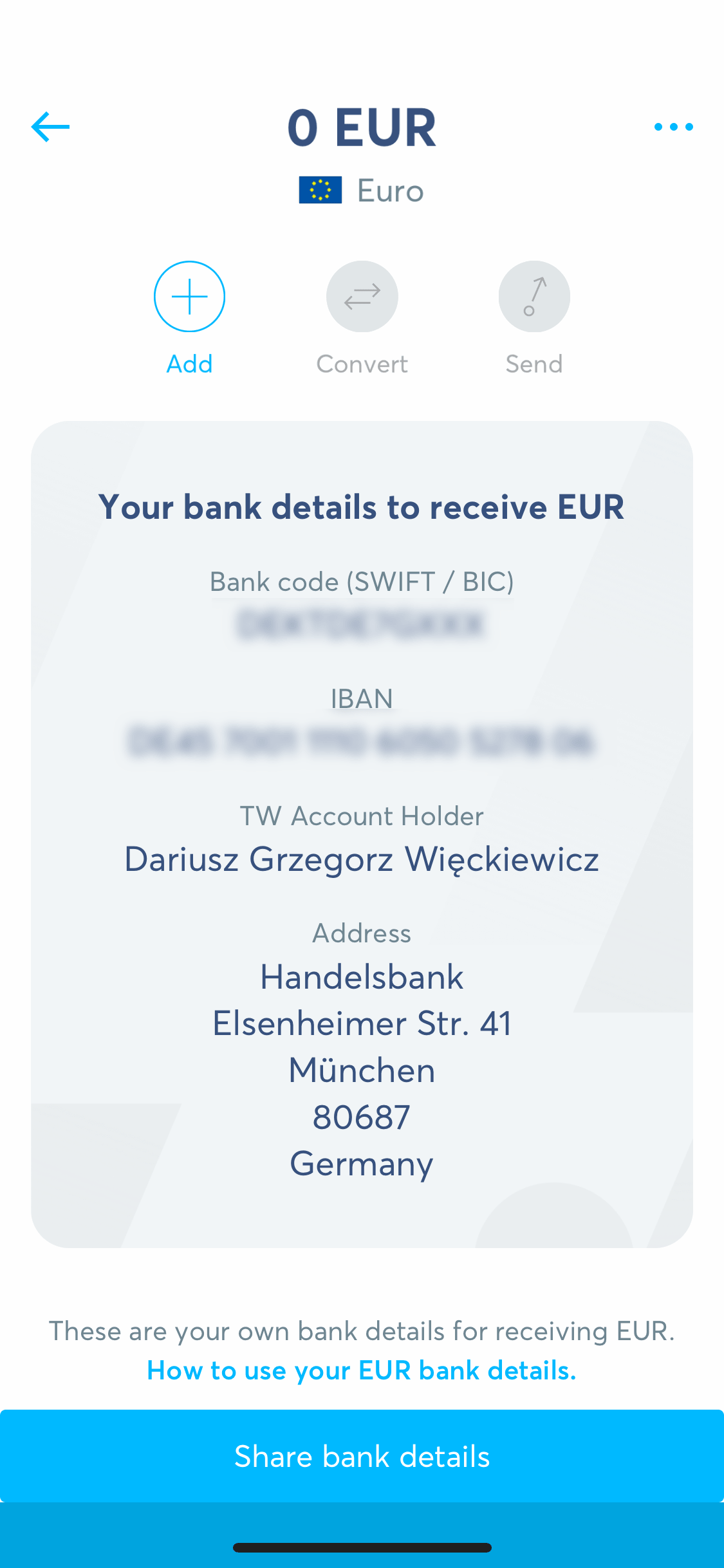 EUR Wise Bank Details