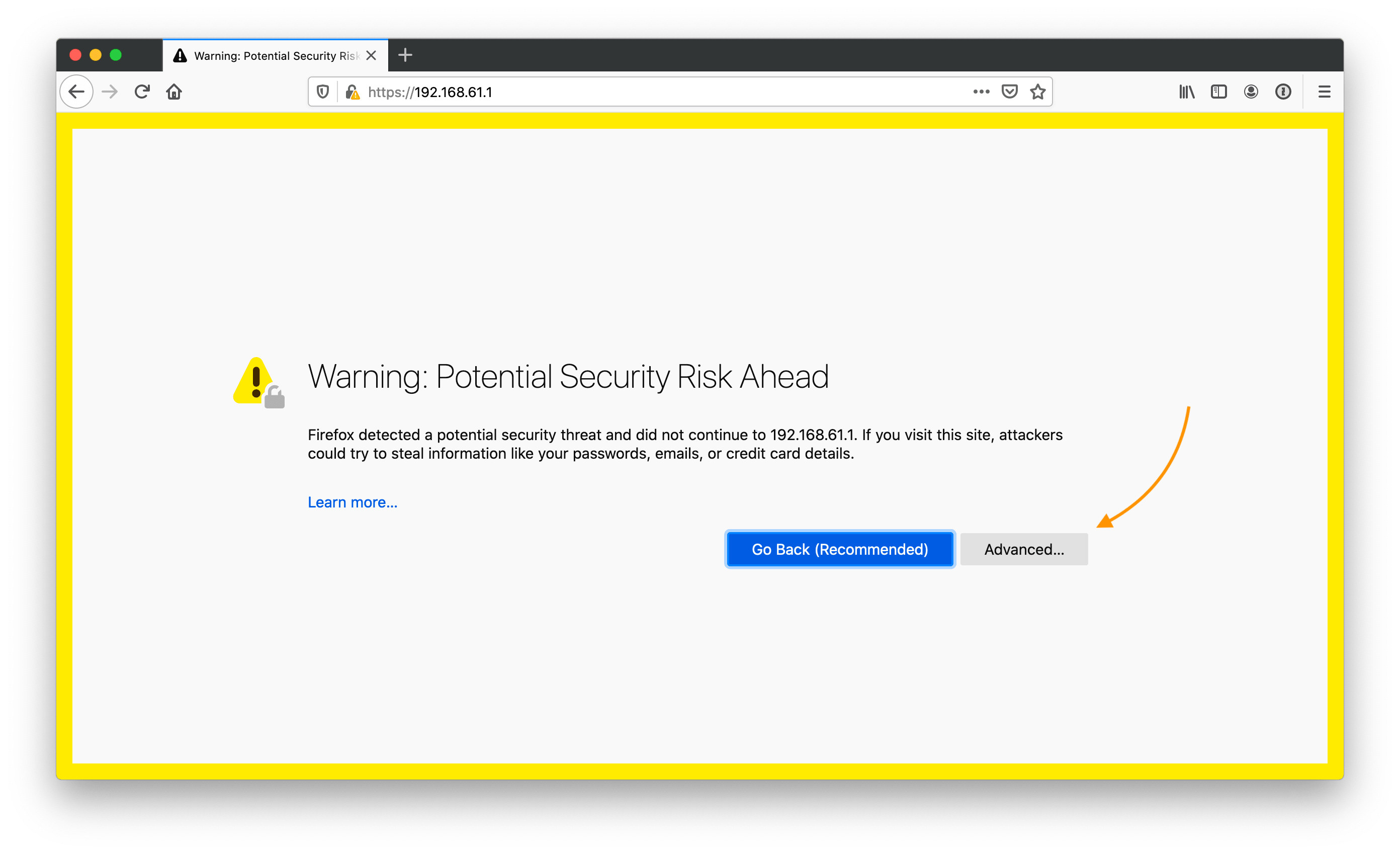 Firefox warning potential security risk ahead