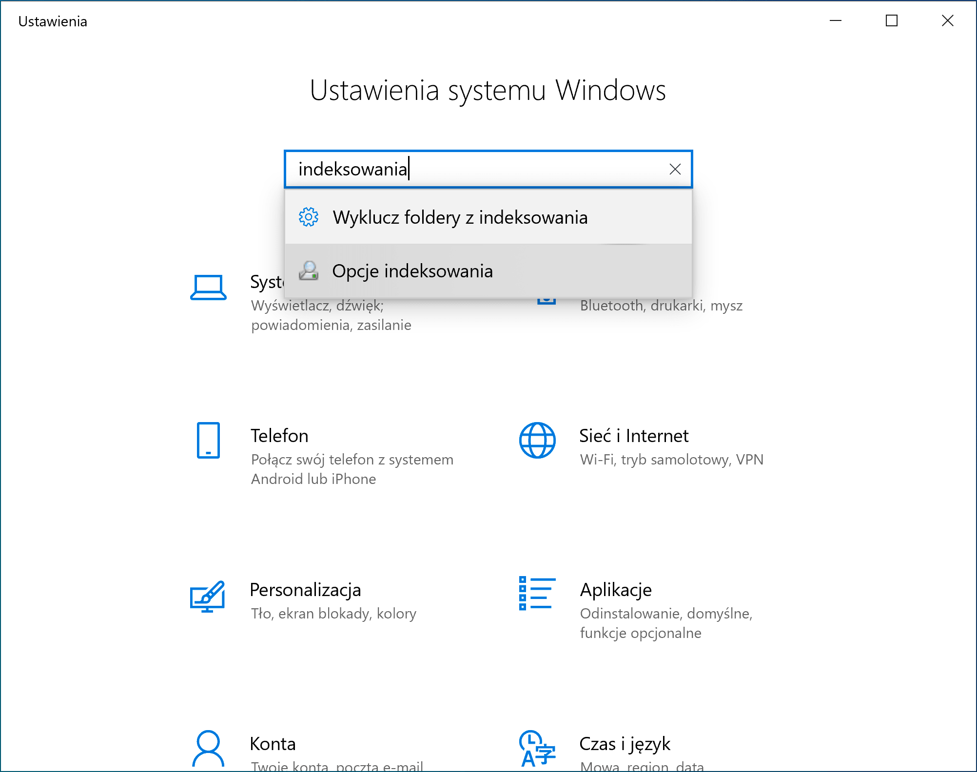 Ustawienia systemu Windows Indeksowanie