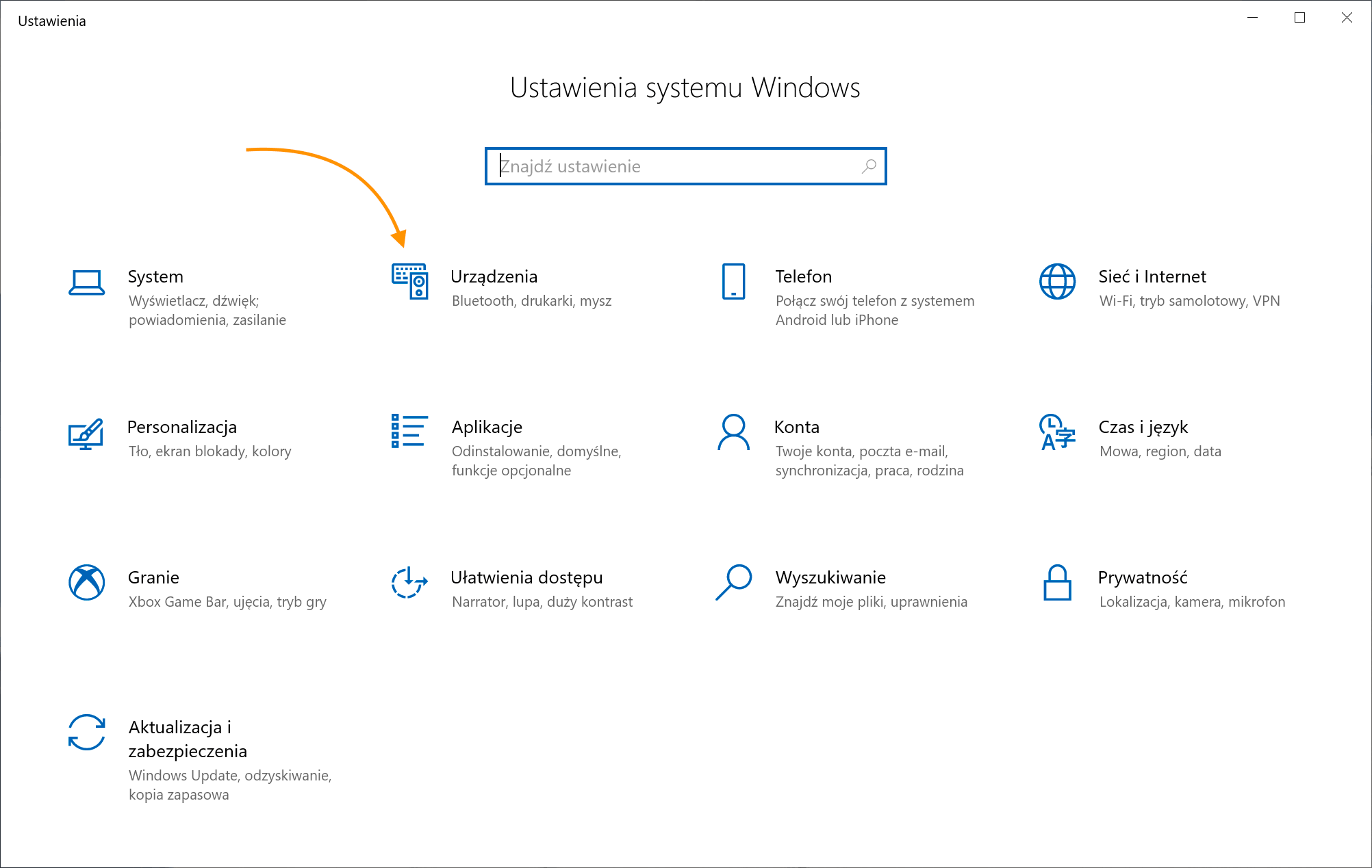 Windows 10 - Ustawienia - Urządzenia