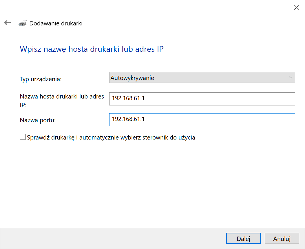Windows 10 - Dodawanie drukarki - Wpisz nazwę hosta lub adres IP