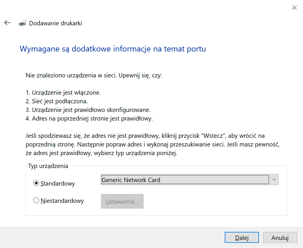 Windows 10 - Wymagane dodatkowe informacje na temat portu