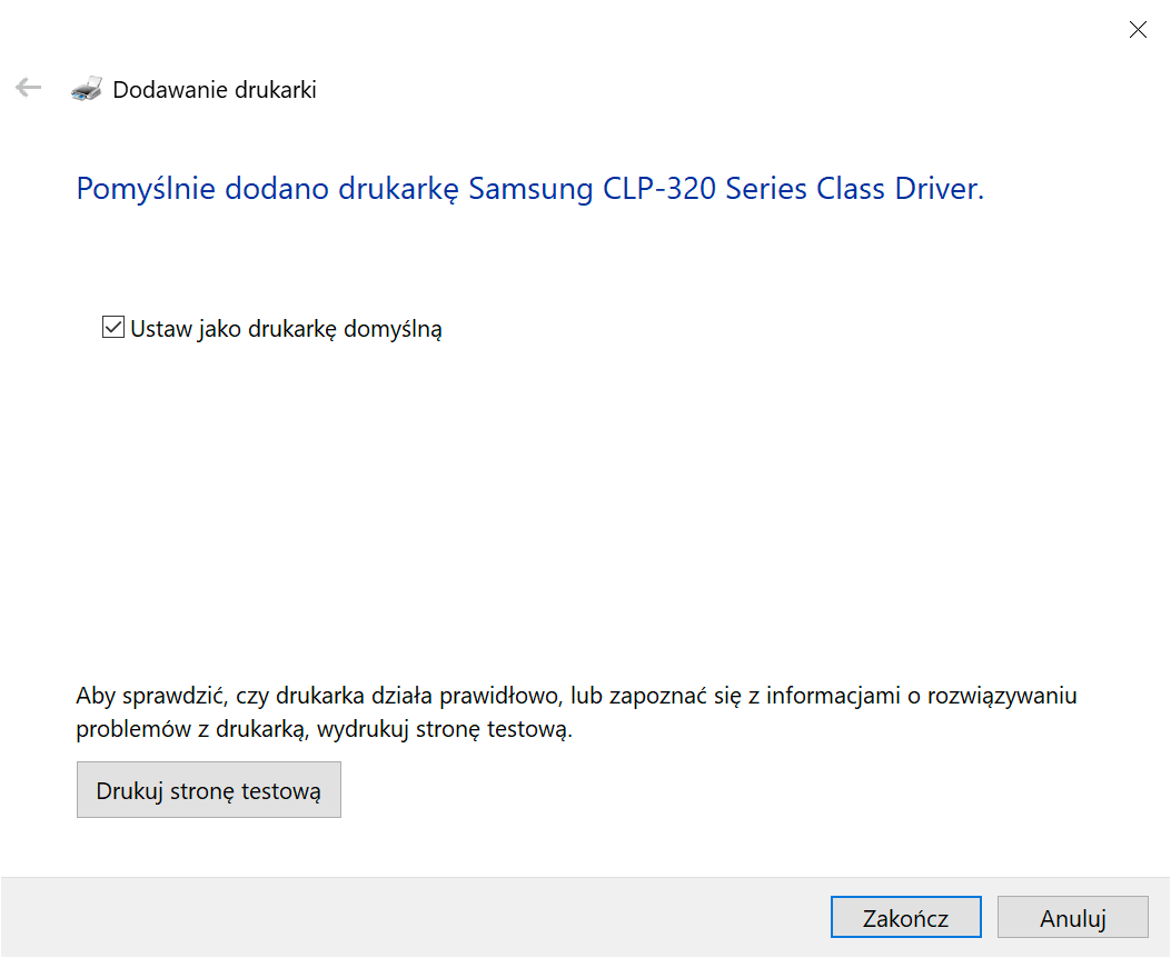 Windows 10 - Pomyślnie dodano drukarkę