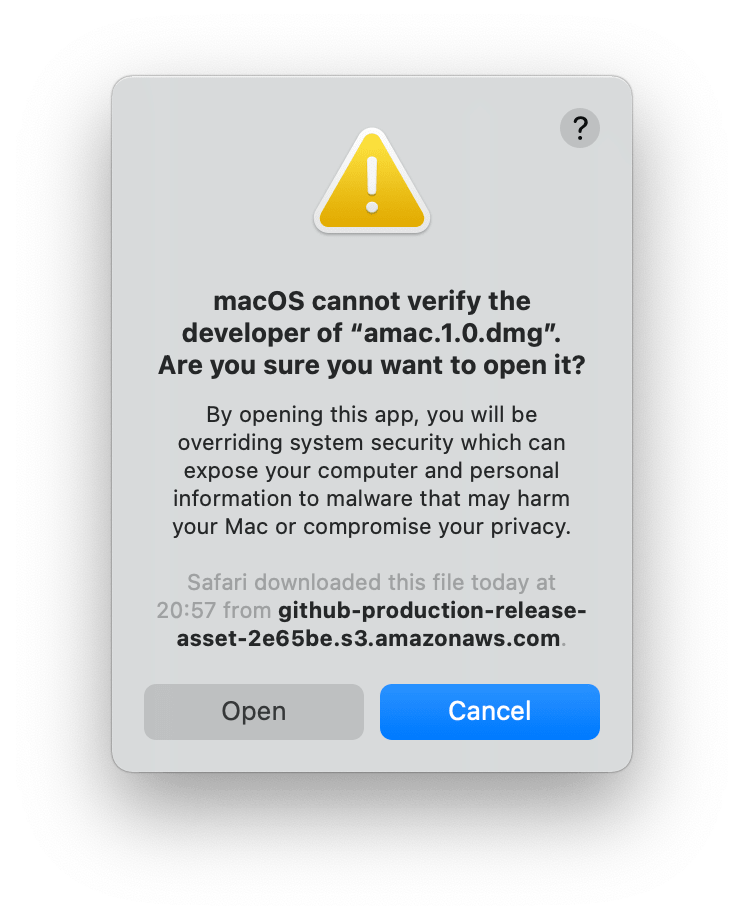 macOS Big Sur Otwarcie pliku DMG poprzez opcję Otwórz
