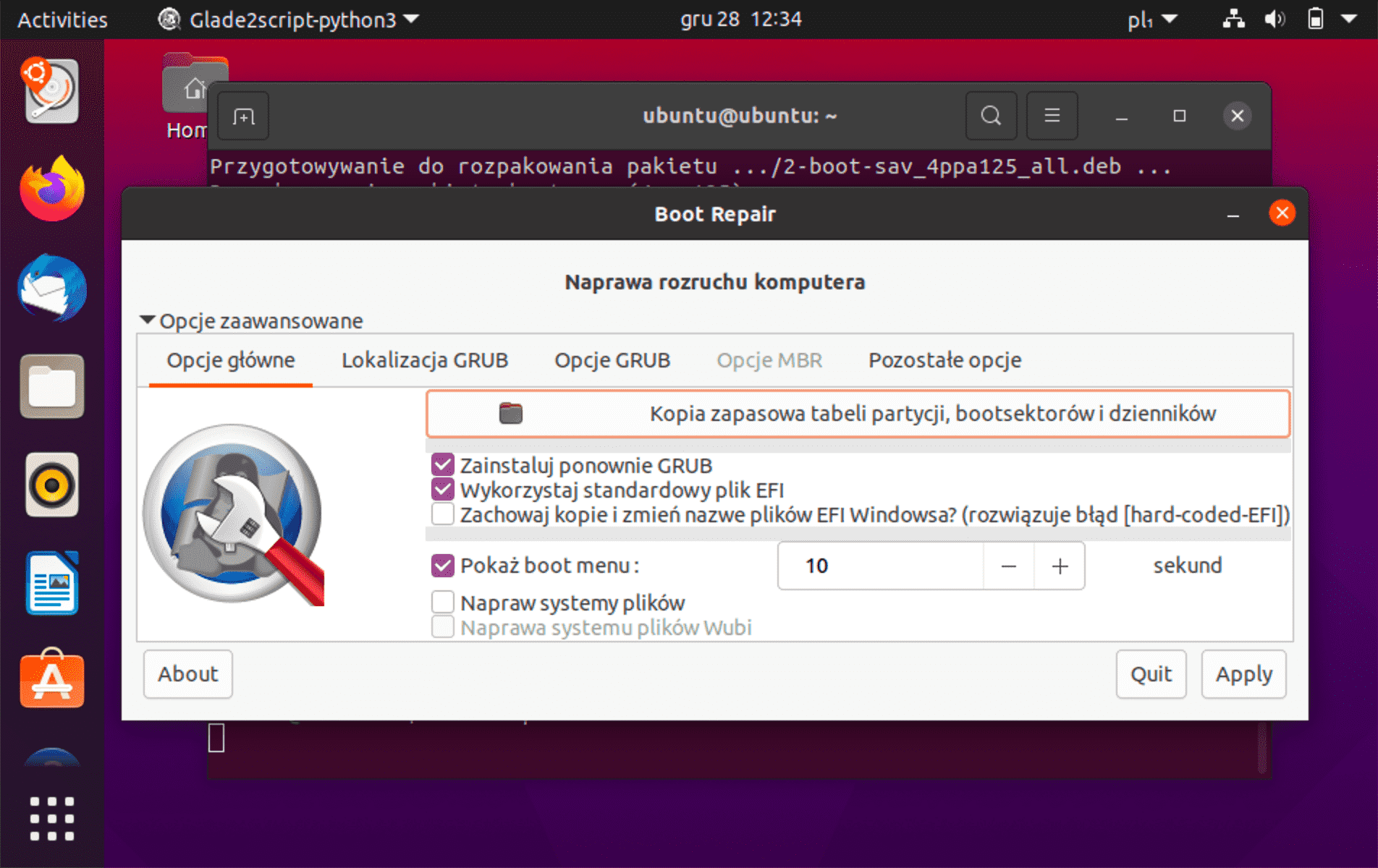 Ubuntu z USB - Boot Repair - Opcje zaawansowane
