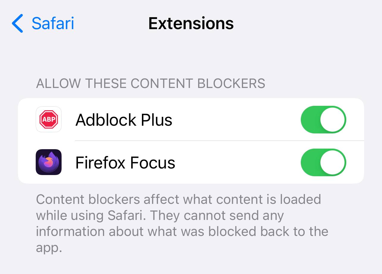 Safari iOS Extensions Firefox Focus Adblock Plus