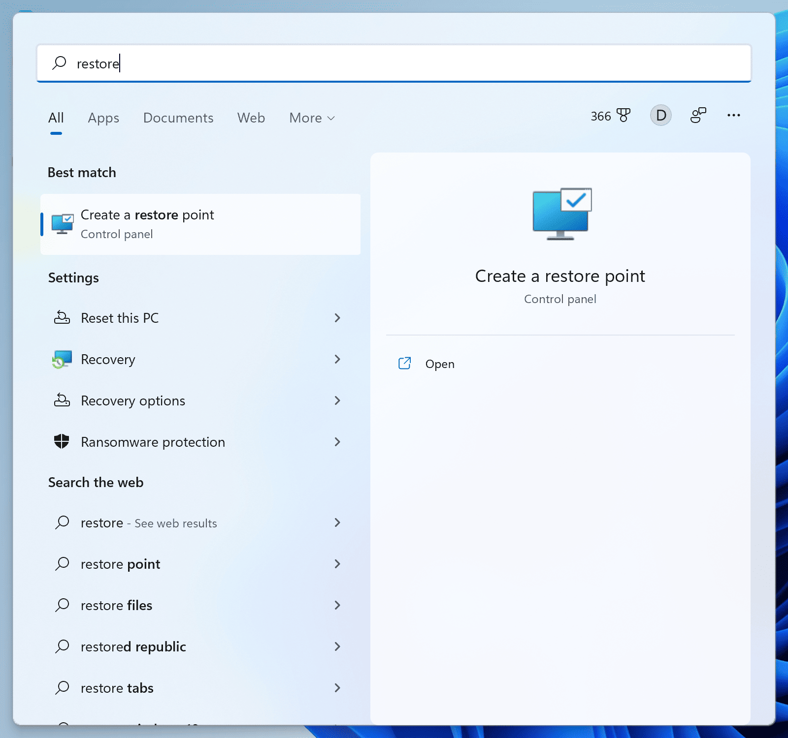 Windows 11 – Menu Start – Search for Create a restore point