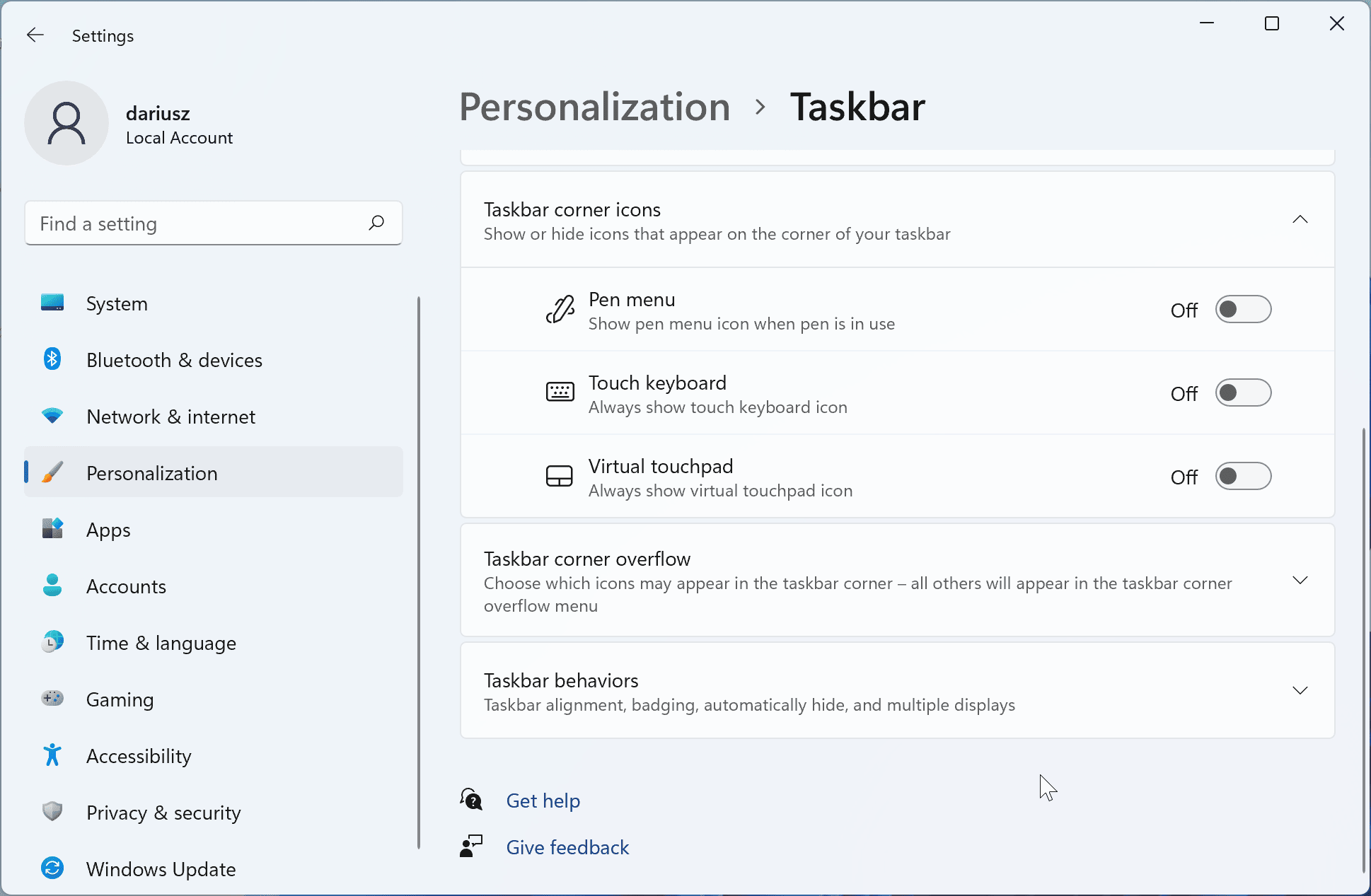 Windows 11 – Taskbar settings from Personalization menu