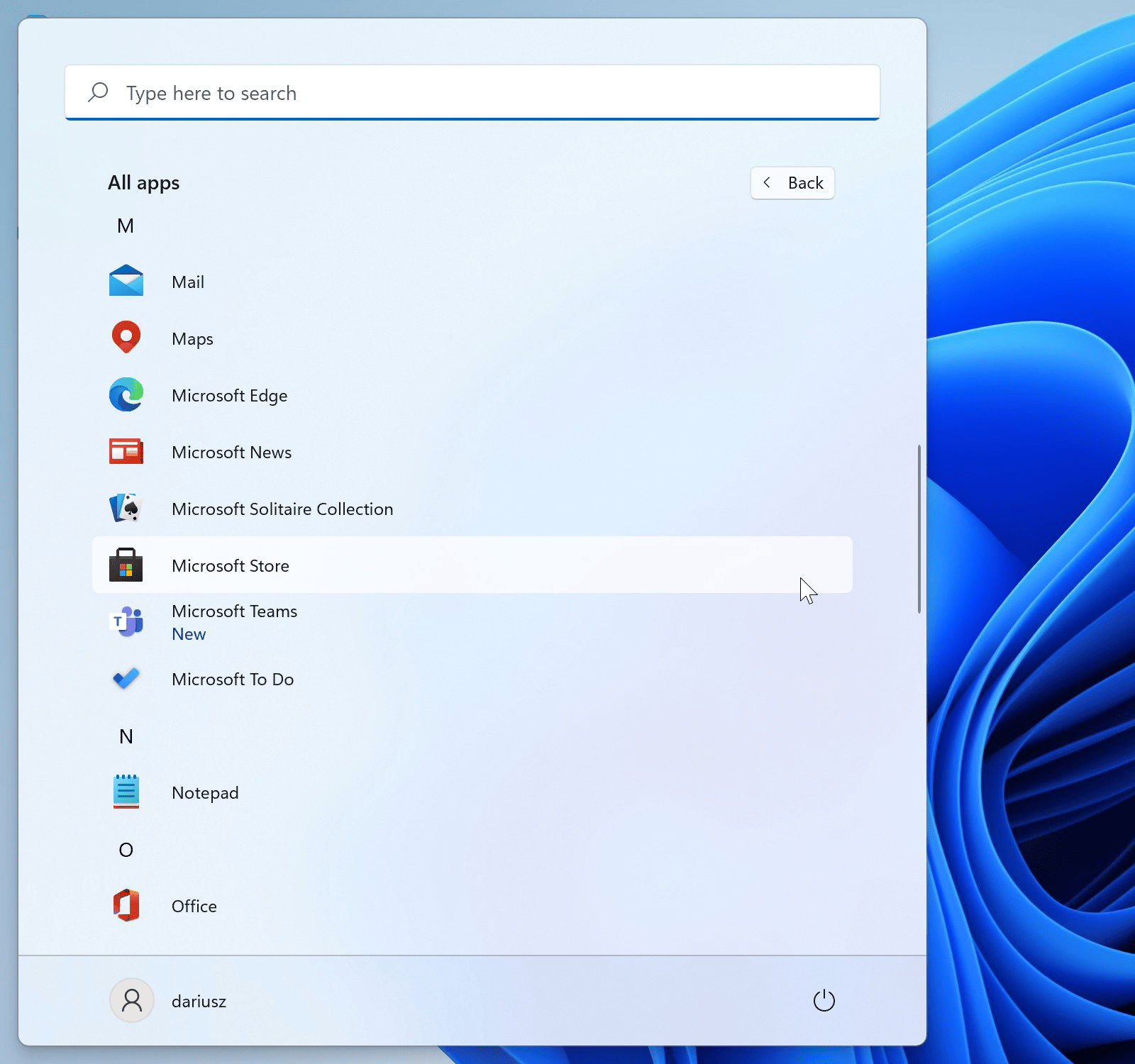Windows 11 – Search for Microsoft Store in menu Start