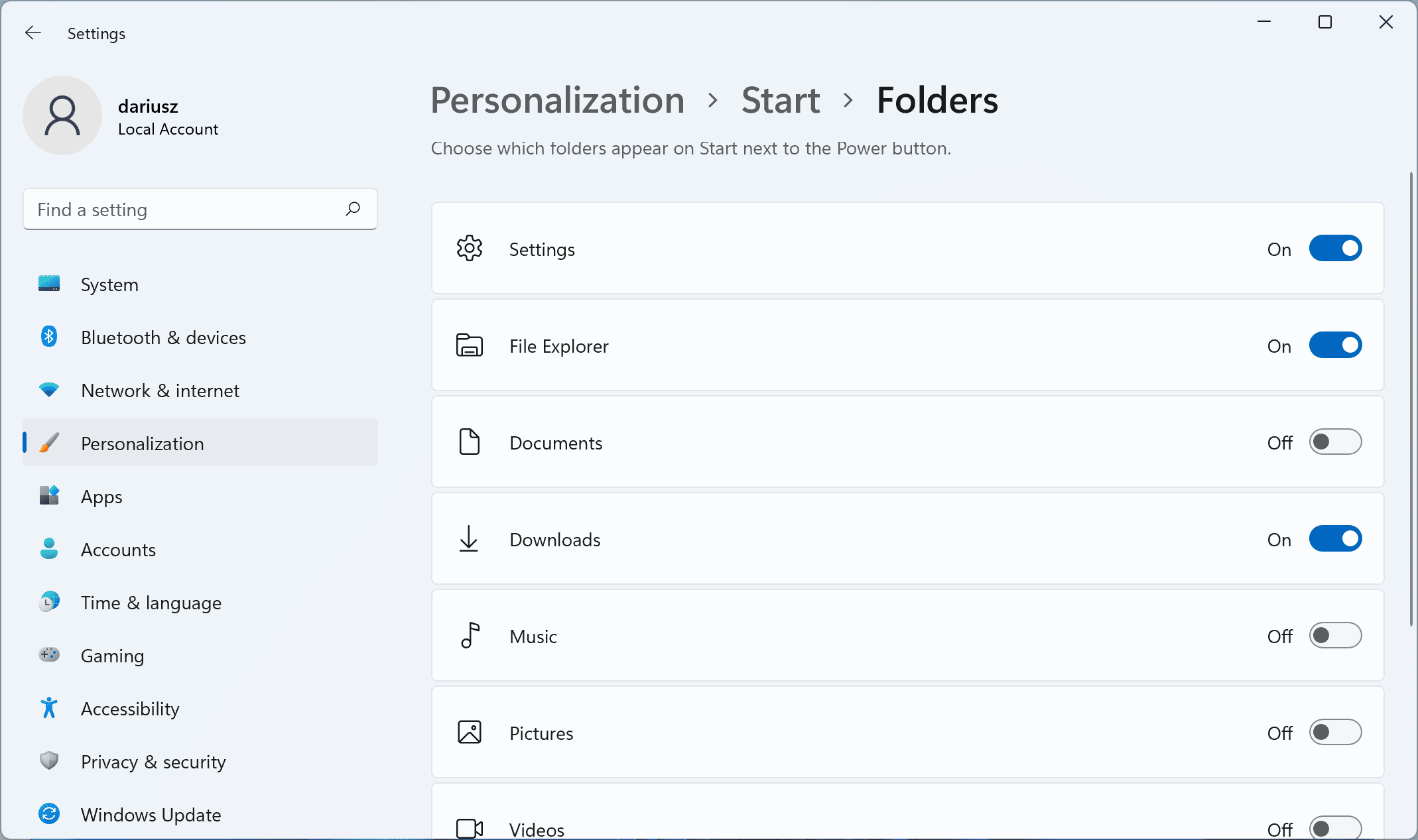 Windows 11 – Personalization of menu Start – Ticked folders