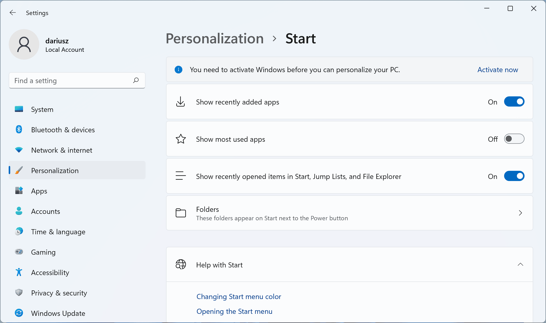 Windows 11 – Personalization of menu Start – Folders
