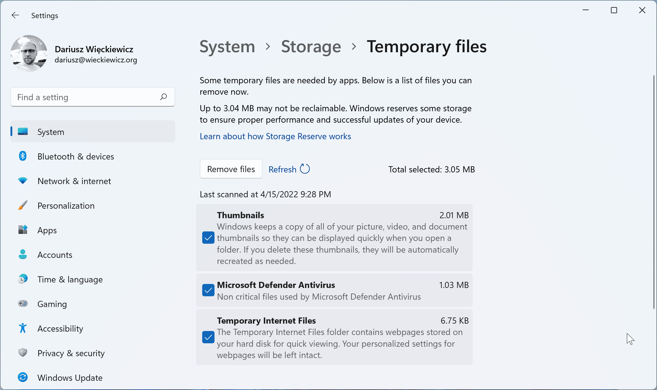 Windows 11 – Storage Sense - Temporary Files