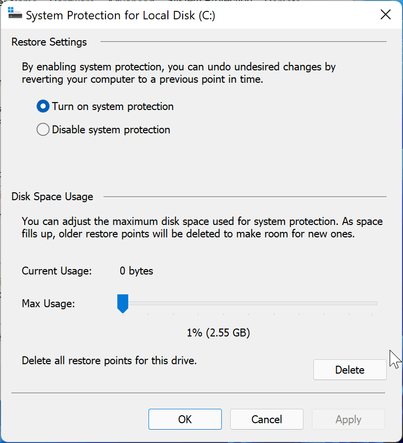 Windows 11 - System Protection for Local Disk C