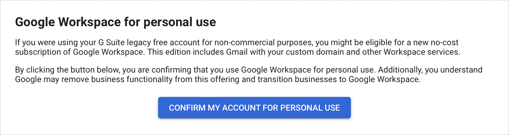 Potwierdzenie użytkowania usług Google do użytku osobistego
