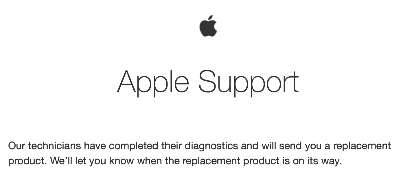 A header of an email from apple stating that they will send me a replacement