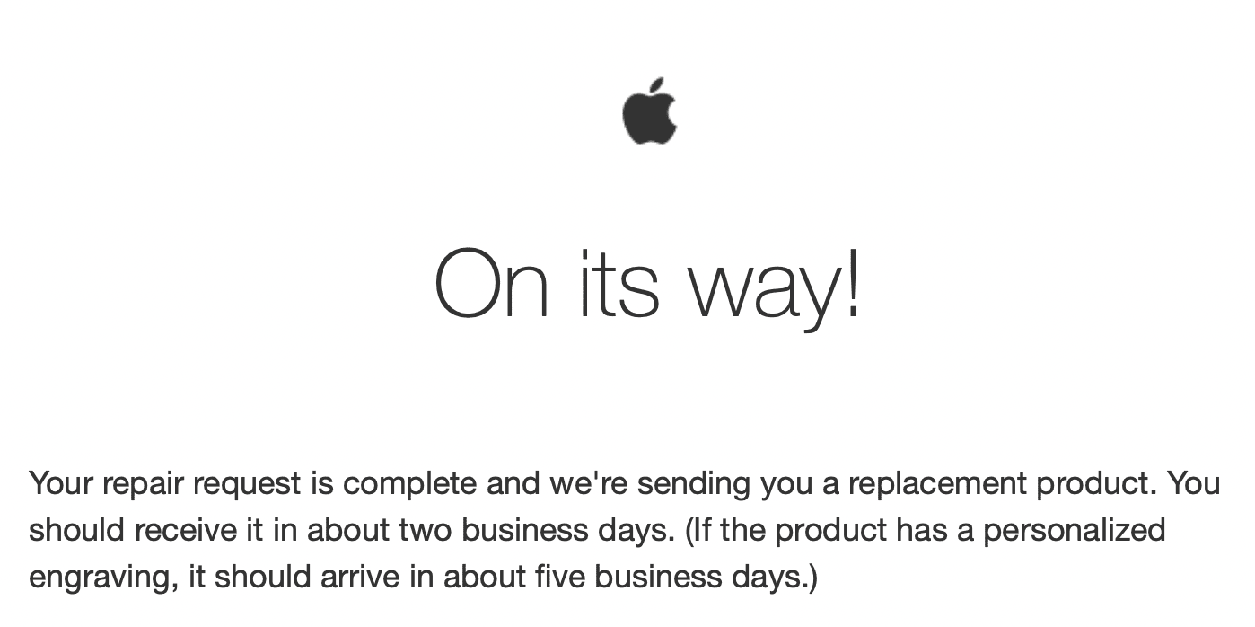 A header of an email from apple stating that my replacement is on its way