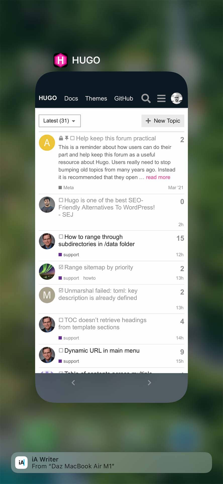 Hugo Discourse forum as PWA on App Switcher in iOS