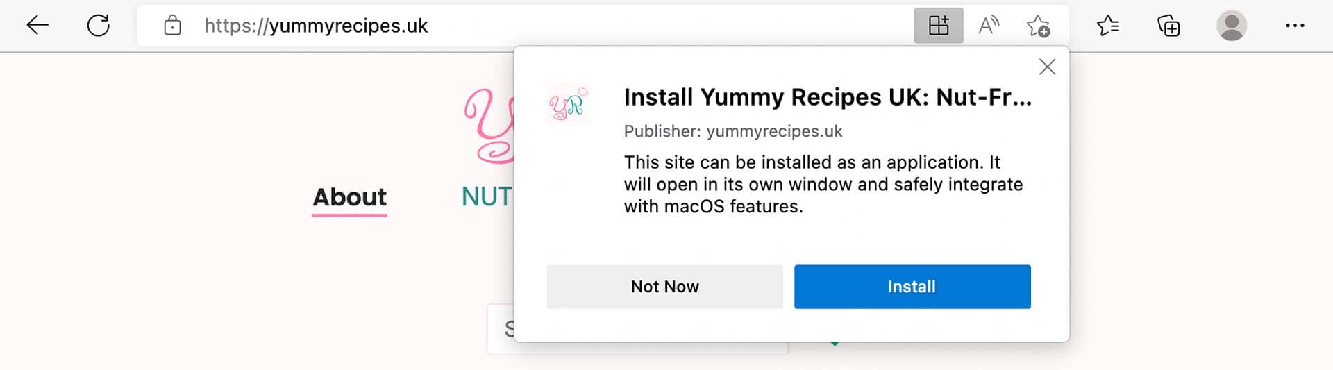 PWA of Yummy Recipes in Microsoft Edge displaying information when trying to install the app