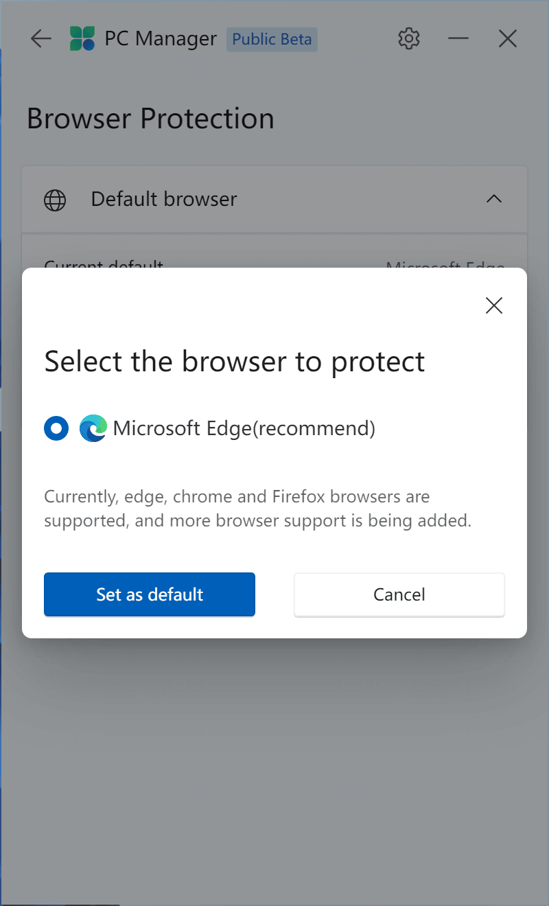 PC Manager Select the browser to protect