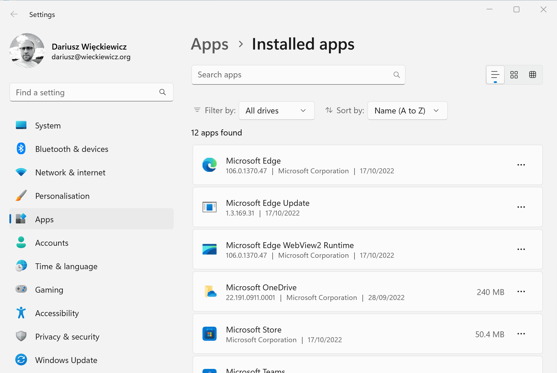 Windows 11 Settings Apps Installed apps