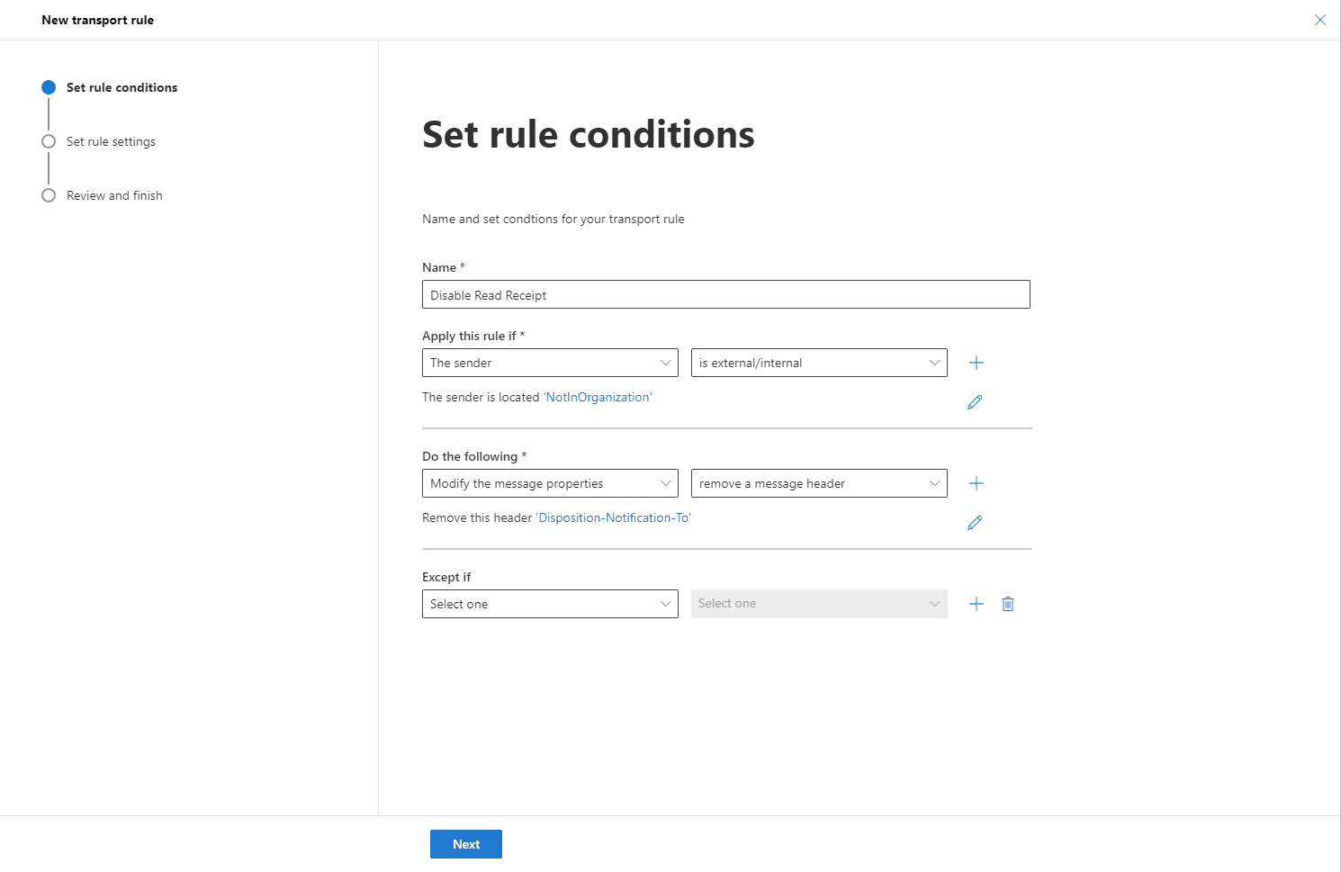 Set rule conditions - Next Step