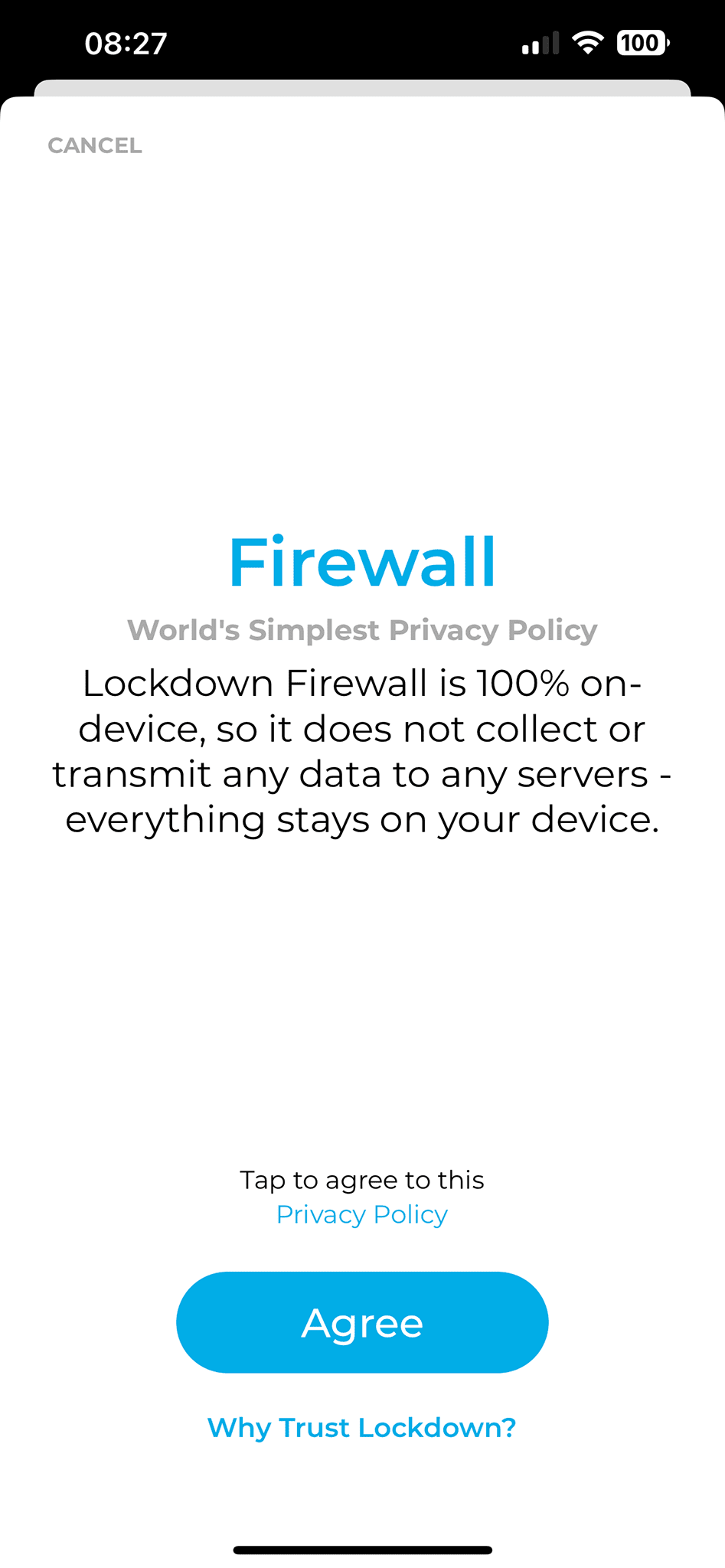 Lockdown Privacy - First screen after activating the firewall
