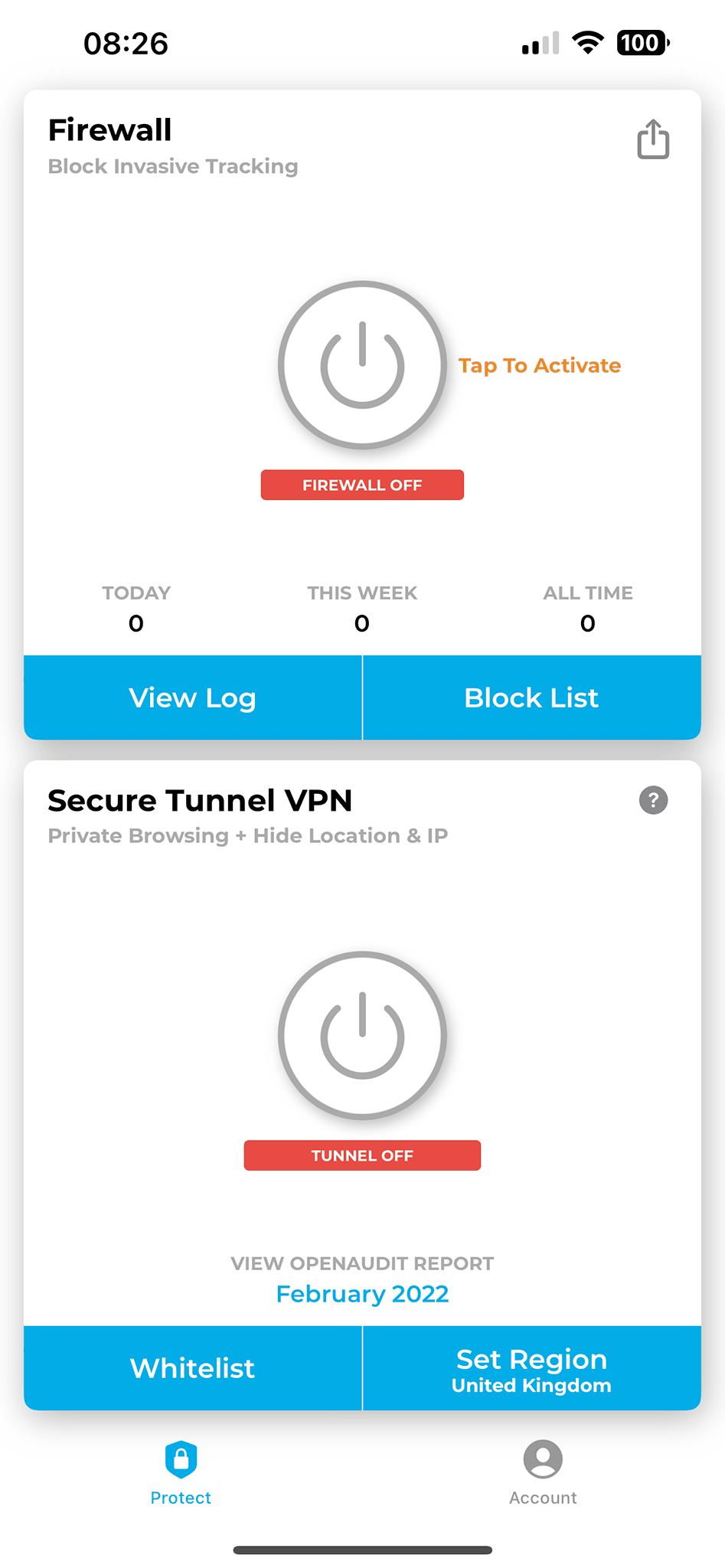 Lockdown Privacy - główne okno aplikacji z dwoma podstawowymi funkcjami - Firewall oraz Secure Tunnel VPN