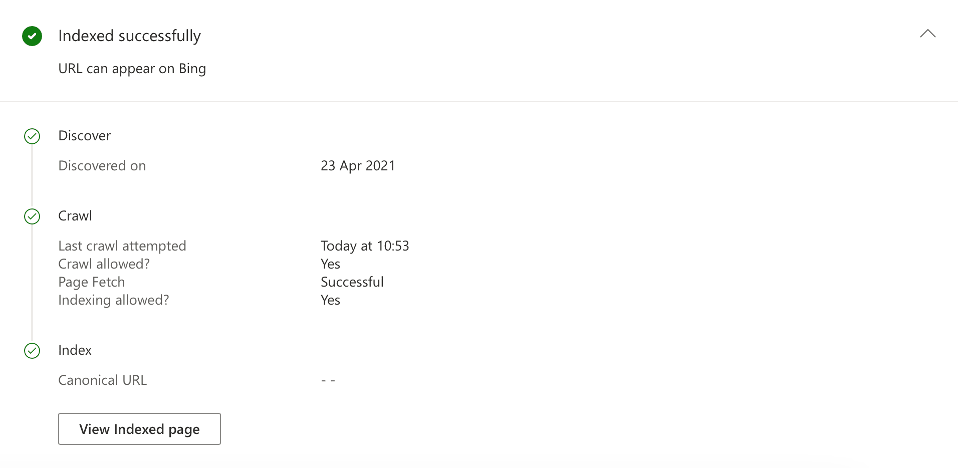 Bing Webmaster Tools - Indexed successfully on 28th April 2023