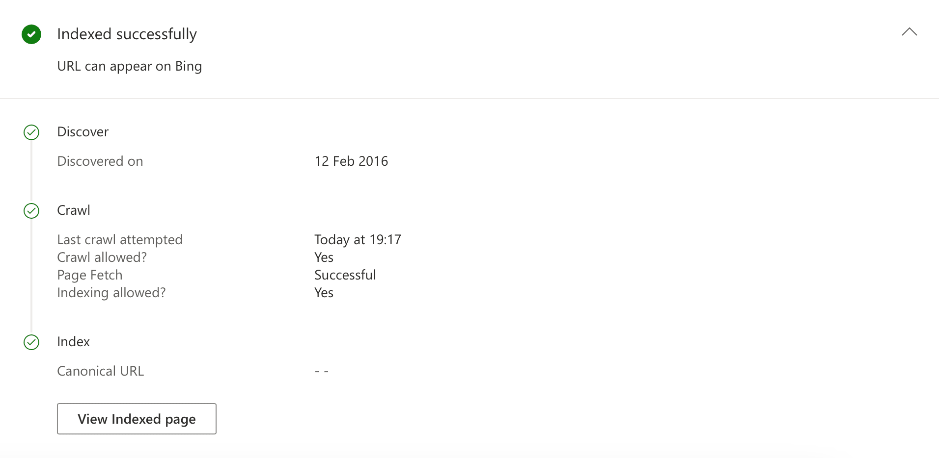 Bing Webmaster Tools - URL Inspection - Indexed successfully