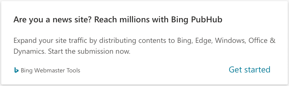 Bing PubHub w sekcji polecane na głównej stronie w Narzędziach dla webmasterów Bing