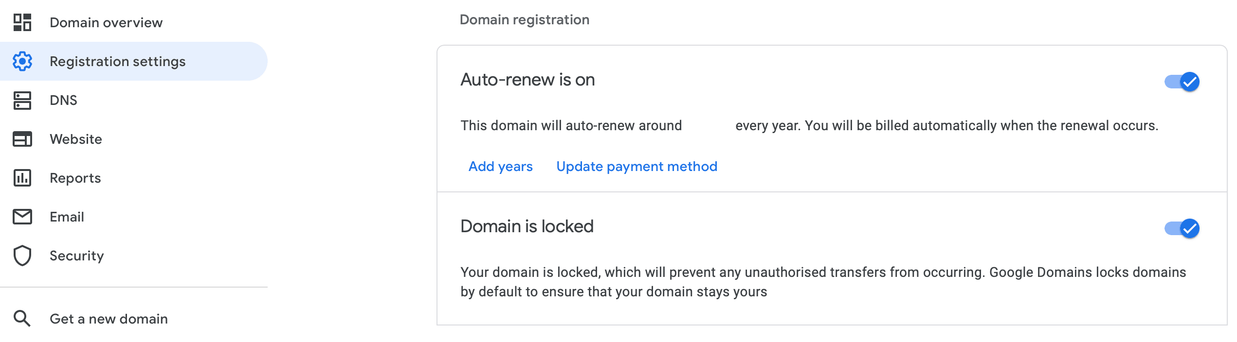 Domeny Google - Registration settings - Domain is locked