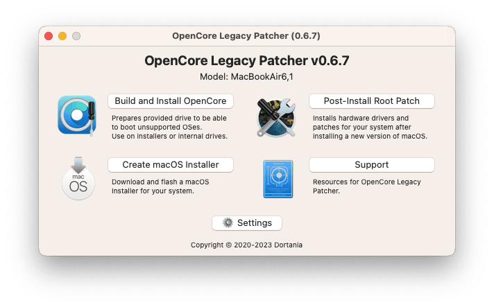 OpenCore Legacy Patcher app - Main Window - Selecting Post-Install Root Patch