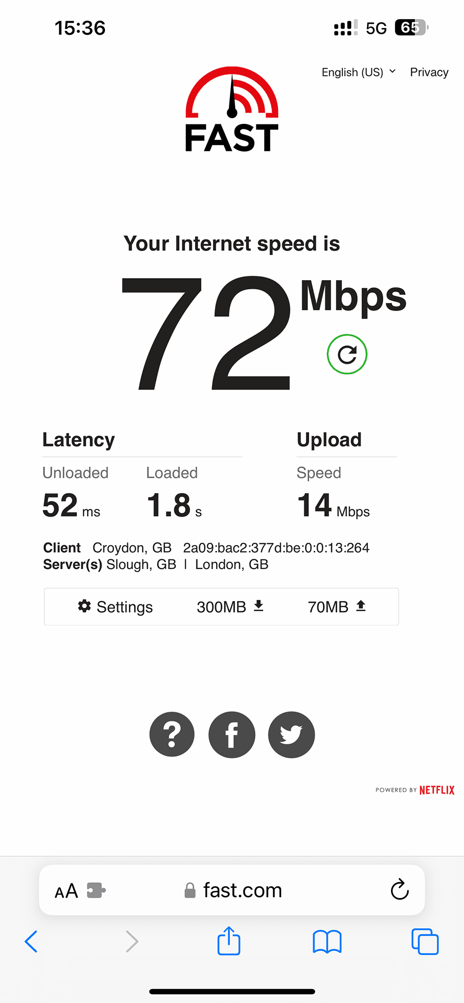 SpeedTest carried out using fast.com for LycaMobile in EE Network and 5G signal