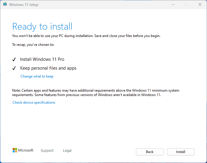Instalator Windows 11 gotowy do zaktualizowania do Windows 11 Pro