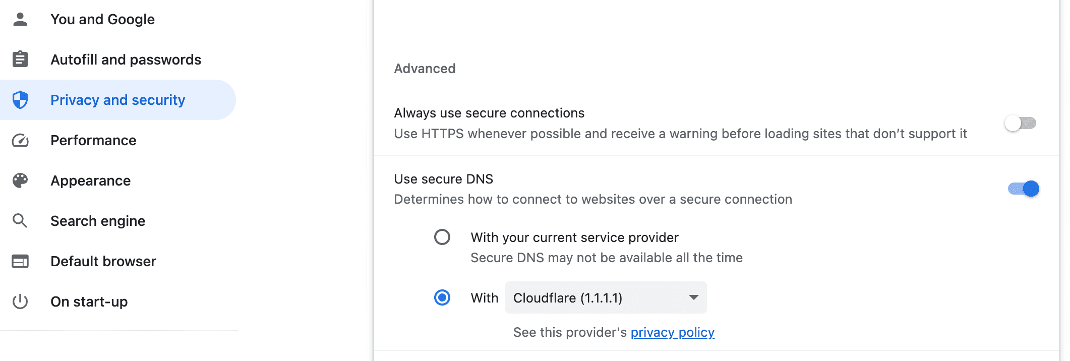 Google Chrome - Settings - Privacy and Security &gt; Secure DNS